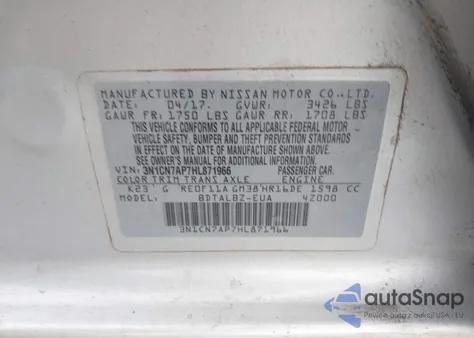 2017 Nissan Versa 1.6 Sv from USA, damaged, VIN 3N1CN7AP7HL871966